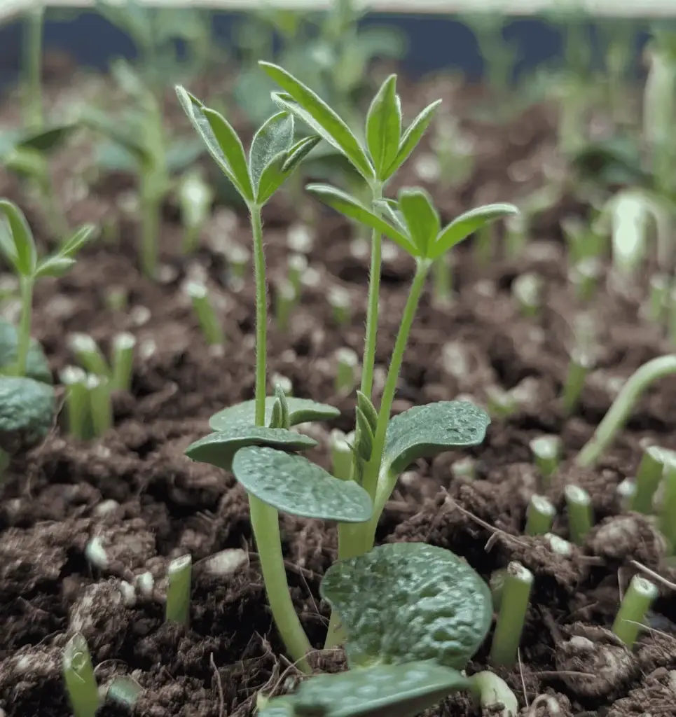 A tray of soil with lupine microgreen sprouts growing and some stems that have already been harvested.